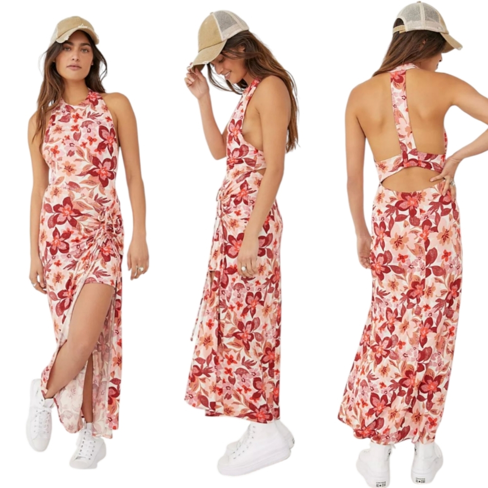 Free People Mimi Floral Racer Back Halter Side Slit Maxi Dress